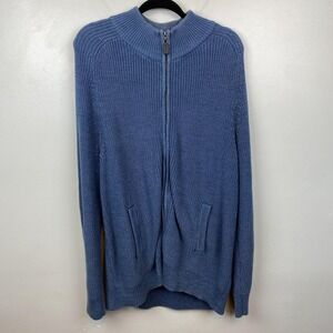 L.L.Bean Sweater Mens 2XL Blue Full Zip Mock‎ Neck Cotton Knit Pockets Cardigan